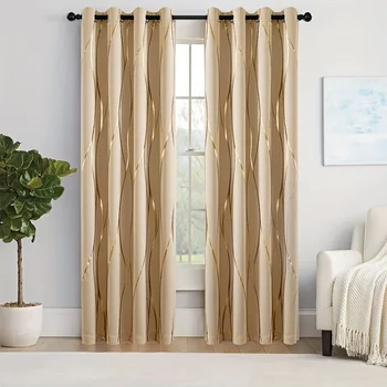 2Pcs Golden Wave &Circle Blackout Curtains Thermal Insulated Light Filtering Drapes with Grommet Top Living Room Bedroom 2