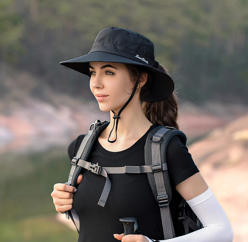 Xinbaoguan Polyester Sommer Outdoor Sonnenhut, atmungsaktiver Sonnenhut, faltbarer Sonnenhut, weiblicher Pferdes chwanz Loch Fischer hut – Detail 7