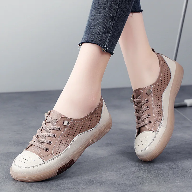 Genuine Leather Women Soft Sole Walking Shoes Girl Student 2026 Sneaker White Black Flats Female Casual Skate Trainers Summer