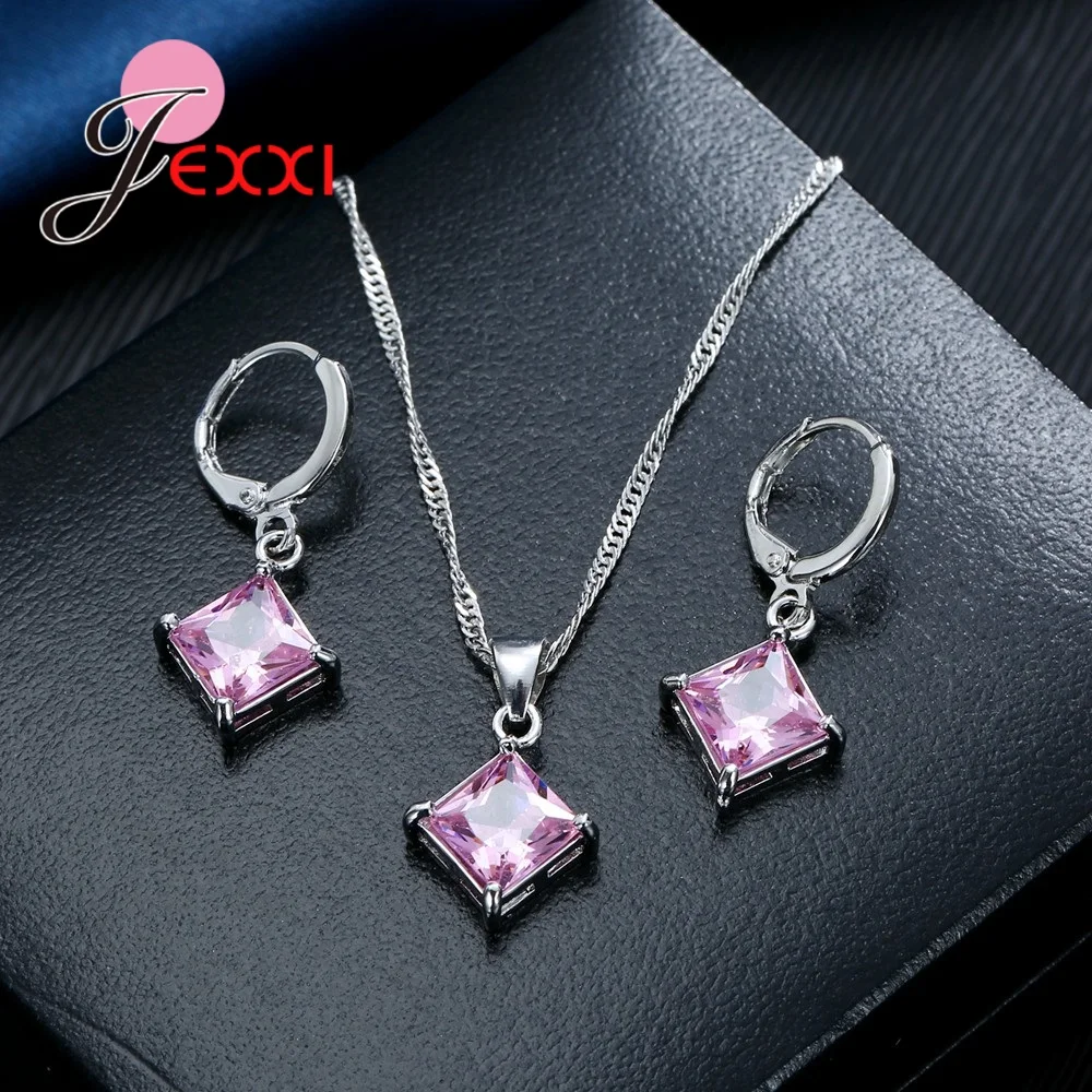 Jewelry Set 925 Sterling Silver Simple Fashion Square Cubic Zircons Women Wedding Accessory 8 Colors