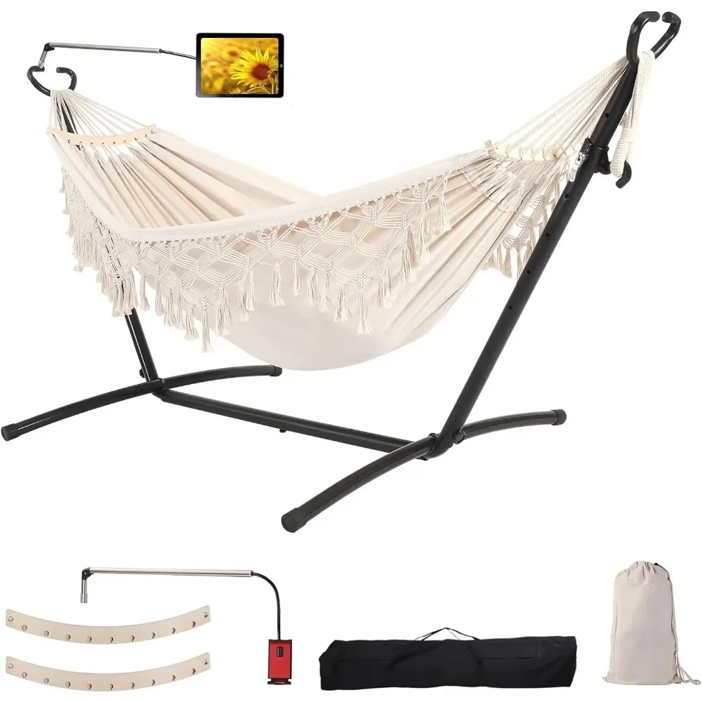 

Double Hammock with Stand Upgraded Phone Holder Portable Heavy Duty Stainless Steel Outdoor Patio Yard Beach with Carrying Case