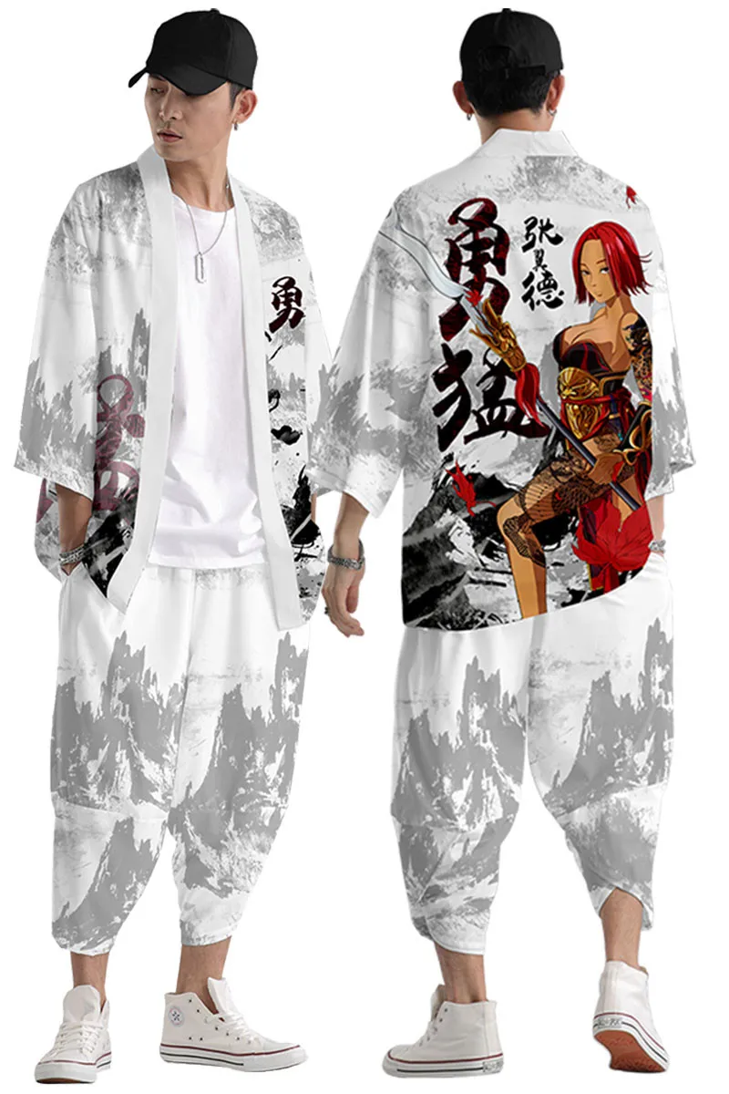 Large Size 5XL 6XL Japanese Kimono Cardigan Pants Set Print Demon Men Women Shirt Tradition Yukata Haori Obi Cosplay Costume