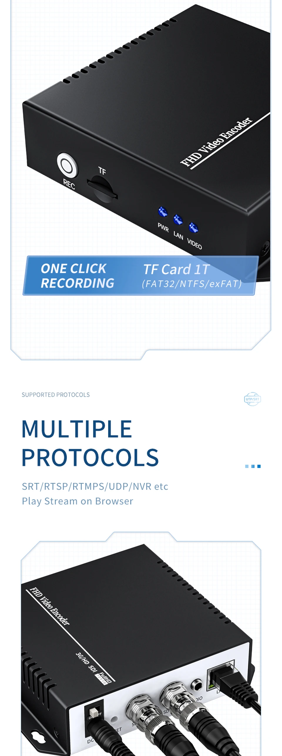 1080p H.265 HEVC H.264 Live Streaming IPTV Transmitter Onvif RTSP RTMP SRT SDI V