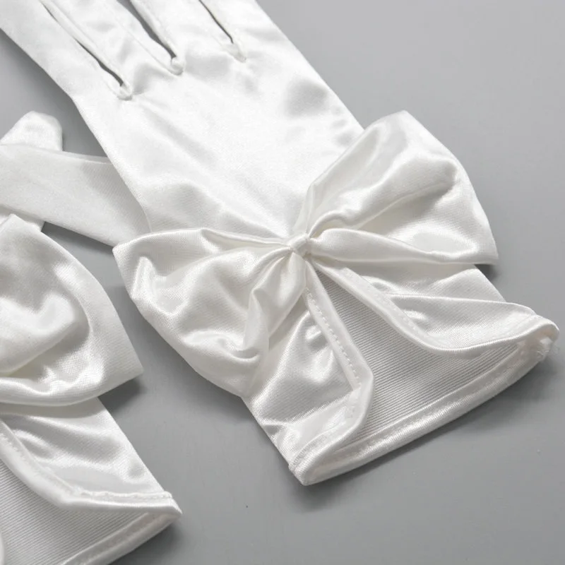 Women Short Full Fingers Bow Wrist Elegant White Ivory Satin Bridal Wedding Gloves Dress Accessories Prom Dancing Dinner