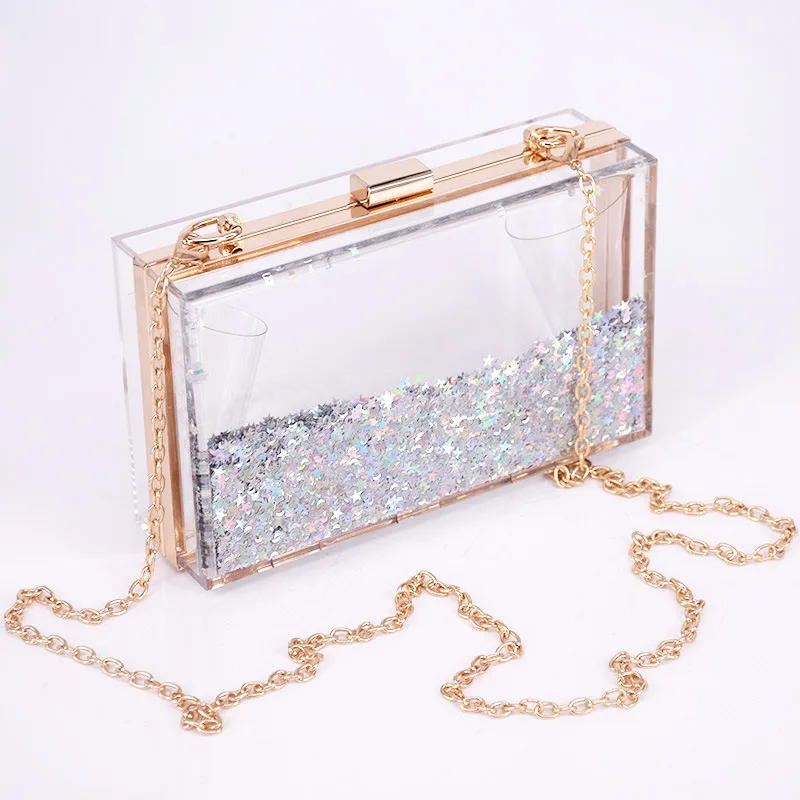 Shoulder Cosmetics Ladies Bag Y2k Transparent Liquid Sand Bead Chain Acrylic Party Wedding Handbag