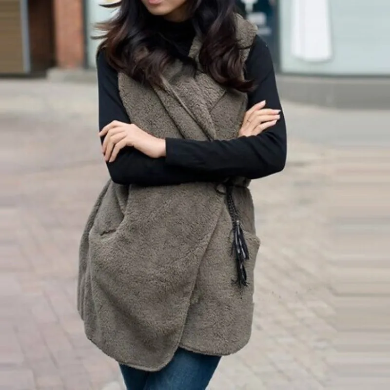 Женское пальто из овечьей шерсти, теплая свободная универсальная однотонная куртка-жилет без рукавов с бантом, зима 2023
