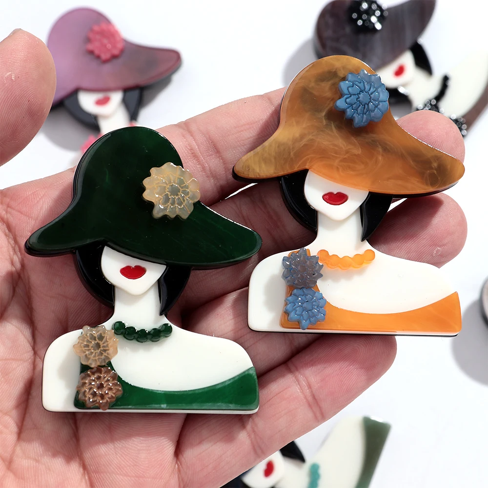 트렌디하고 우아한 꽃 모양 모자 레진 브로치 여성용 화려한 아크릴 소녀 피규어 배지 핀 쥬얼리 의류 액세서리 선물