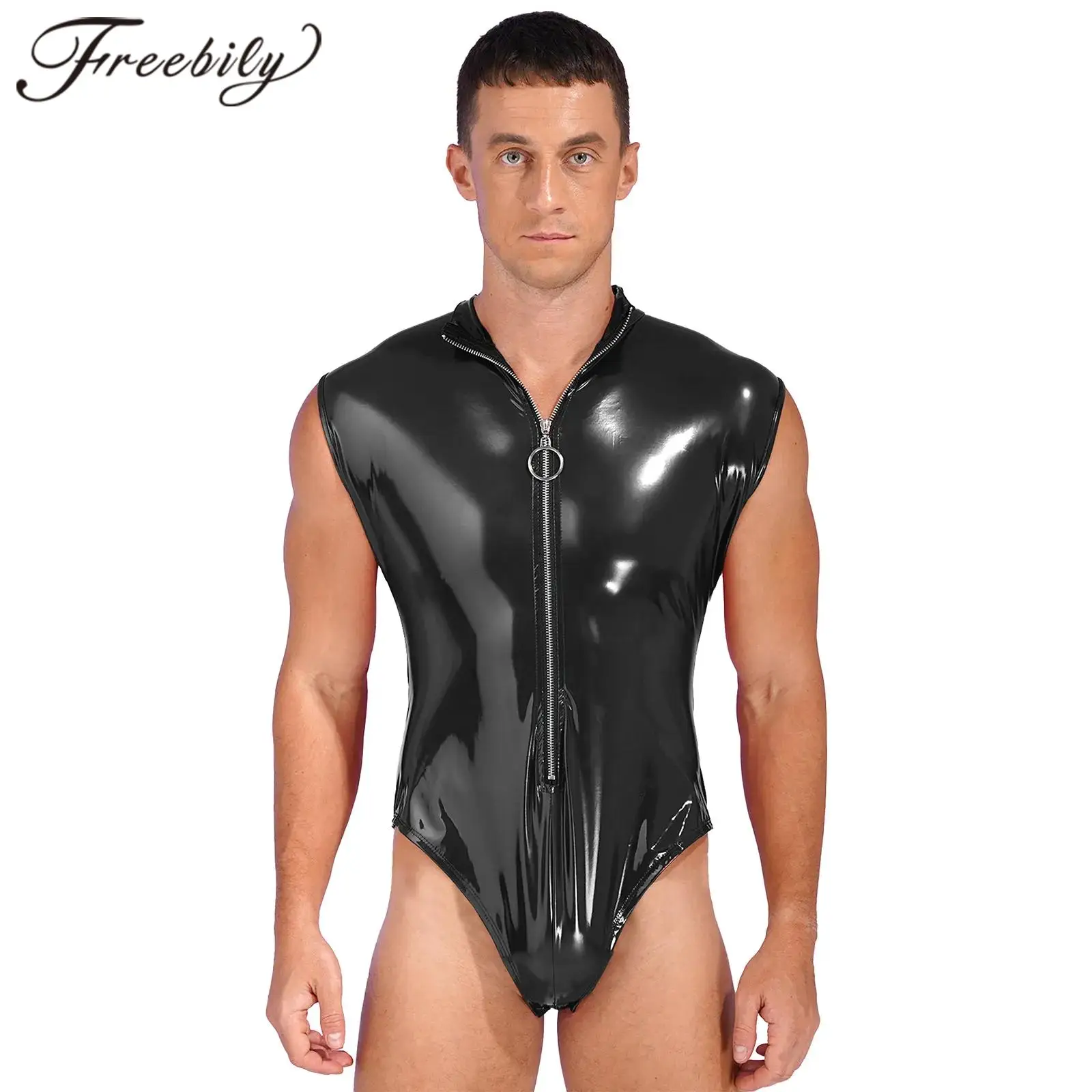 

Модный Мужской Цельный боди на молнии без рукавов Клубная одежда с воротником-стойкой трико глянцевые боди из лакированной кожи мужской комбинезон