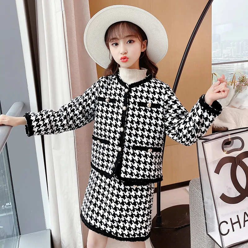 

Houndstooth Print Coats Kids+skirt Two Piece Set Children New Turn-down Collar Single-breasted Streetwear Coat Suit For Kids