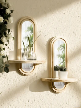 Boho Wooden Wall Shelf with Mirror 1