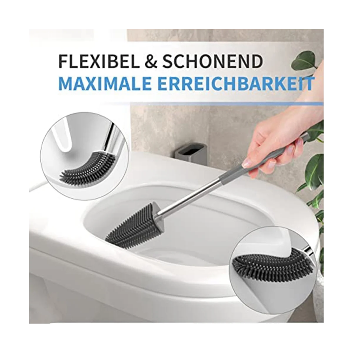 Premium Silicone Toilet Brush - Grey - Toilet Brush Holder with Wall Mounting & Turbo Drying
