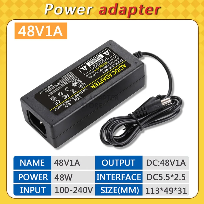 

DC 48V1A Power Supply Adapter, AC 100-240V to DC 48V 1A Switching Transformer Jack 5.5mm x 2.5mm for LED Strip, Light, Cameras