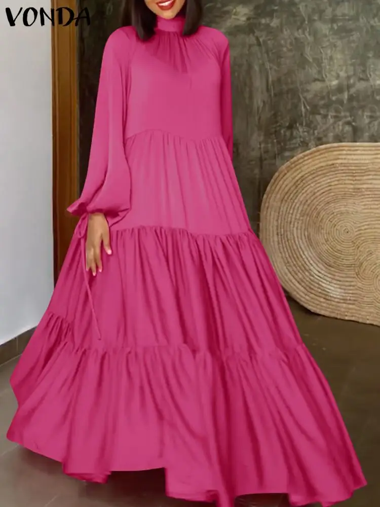 

VONDA Women Elegant Dress Autumn Sundress 2024 Long Puff Sleeve Party Maxi Dress Causal Stand Collar Solid Satin Ruffled Vestido
