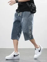 Summer Men's Jeans Denim Breeches Calf-Length Casual Shorts Washed Cotton Drawstring Straight Capris Pants Big Size 8XL 1