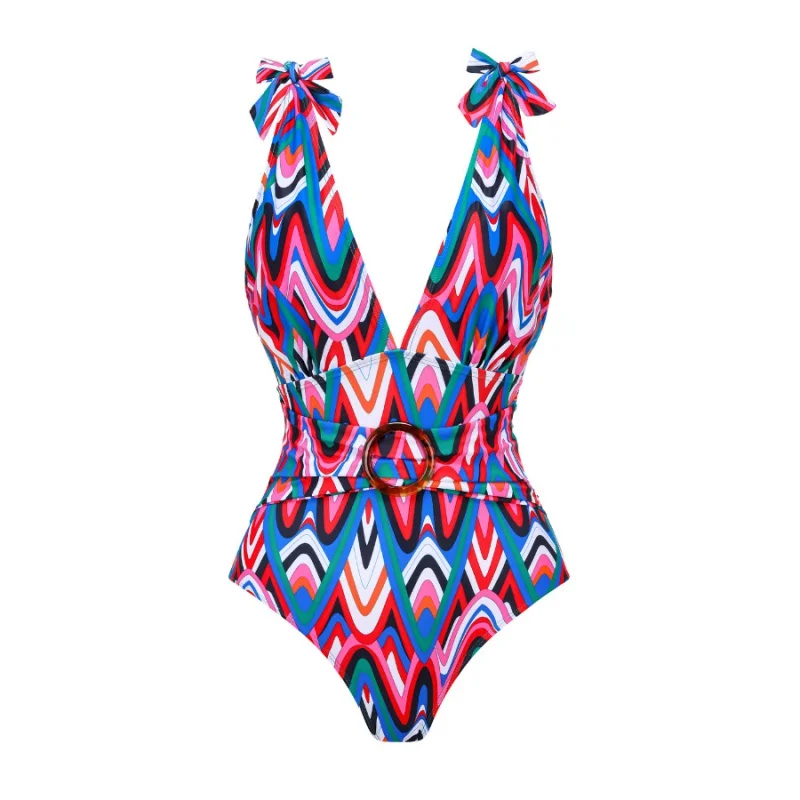 2024New Hot Spring Sexy One Piece Swimsuit Women's Conservative Printed Swimsuit Wrap Skirt Suit