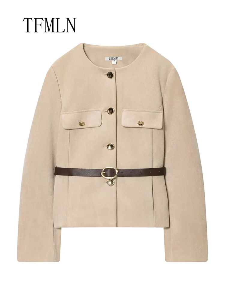 Office Ladies Single Breasted Jackets With Belt 2025 Autumn O-neck Full Sleeve Chic Causal Coats Vintage Pockets Street Outwear