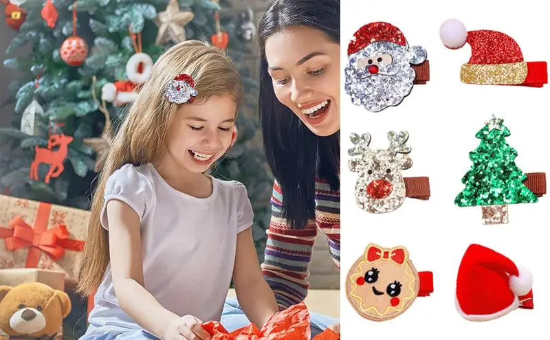 

Christmas Hair Clips 6PCS Cartoon Glitter Sequins New Side Barrettes Party Cartoon Funny Children's Clip Hair Accessories