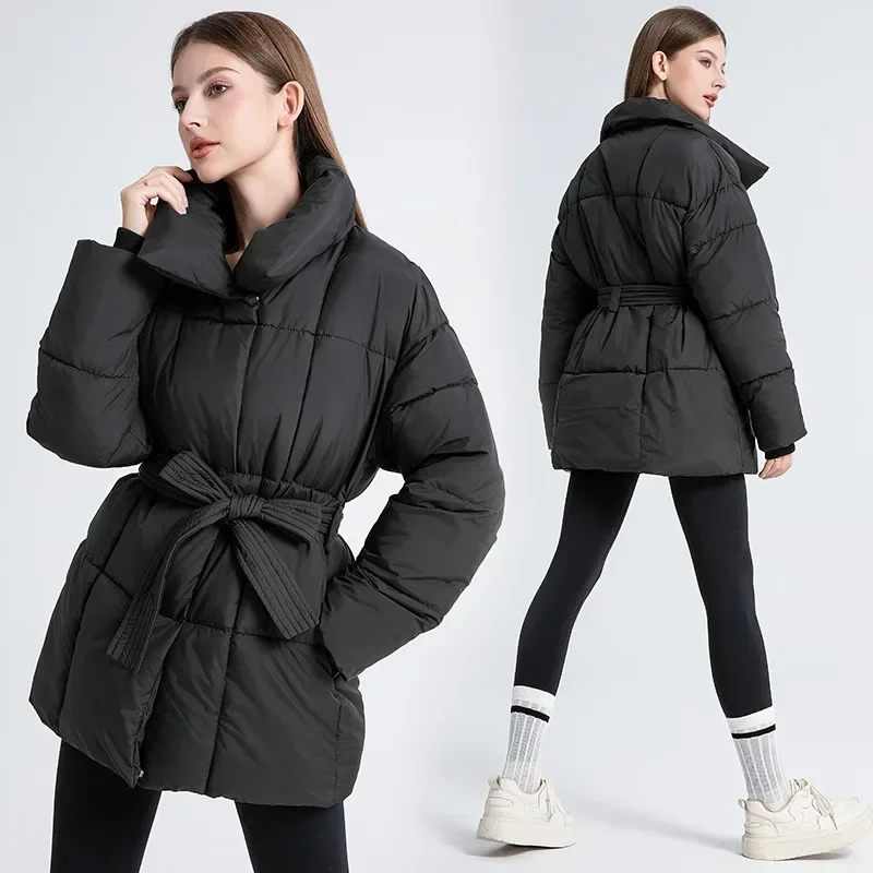 Winter Down Cotton Coat Women's Warm Stand Collar Waistband Parkas Jacket Ladies Elegant Temperament Parkas Female Coat