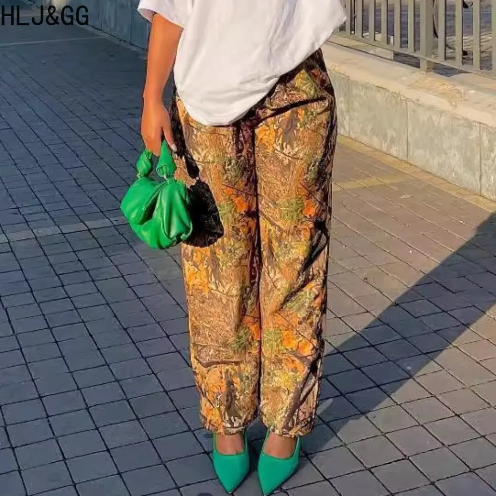 

HLJ&GG Spring New Camouflage Print Straight Wide Leg Pants Women High Waisted Button Loose Trousers Casual Female Sporty Bottoms