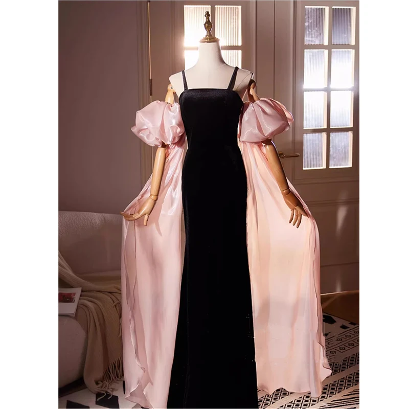 

Bespok Occasion Dress Black Velvet Removable Sleeves Sgaphetti Straps Lace up Mermaid Floor Length Plus size Women Evening Gown
