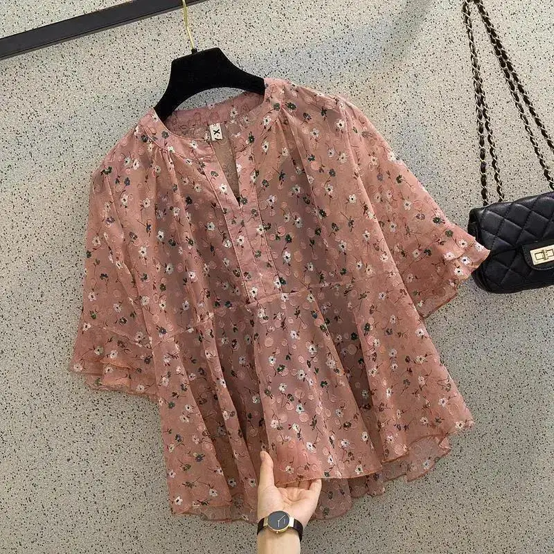 2024 Summer New Fashion Versatile Loose Appear Thin Pullovers V-Neck Spliced Ruffles Half Sleeve Printed Chiffon Women's Tops
