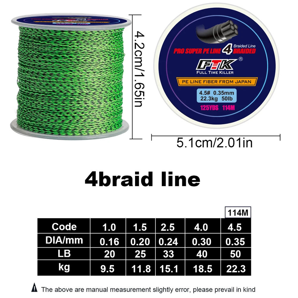 FTK 114M 스펙클 PE 브레이드 와이어 낚싯줄 4 가닥 0.16mm-0.35mm 15LB-45LB 일본 초강력 멀티필라멘트 섬유 라인