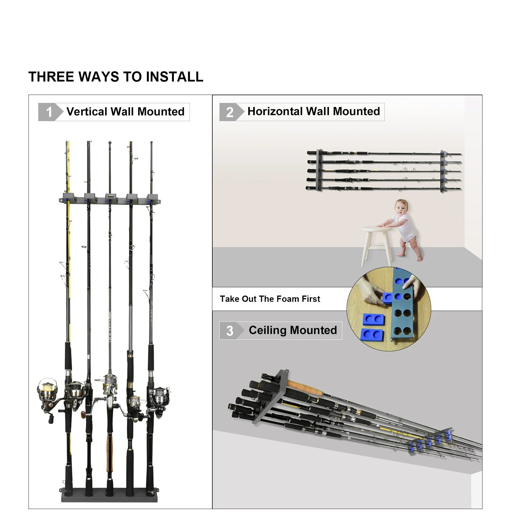 10 Holders Vertical Fishing Rod Holder wall mounted Rod Racks