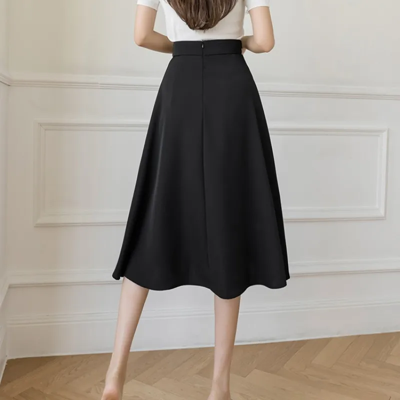 여성용 하이 웨이스트 스위트 미디 카프 스커트, 단색 스커트, 빈티지 롱 패션, 2023 카와이 여름 여성 스커트