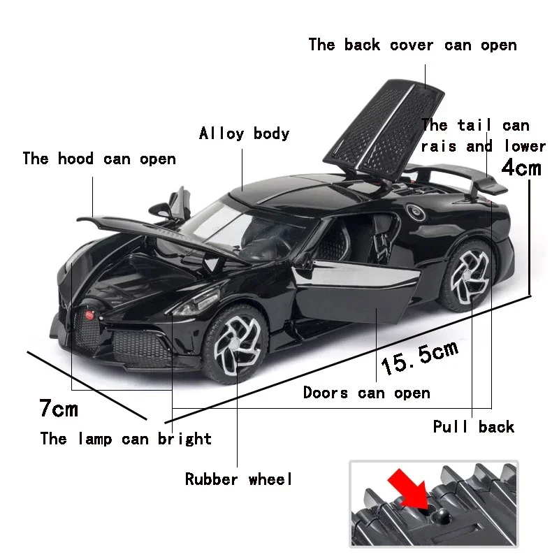 1:32 Bugatti La Voiture Noire sports car Diecast Metal Alloy Model car Sound Light Pull Back Collection Kids Toy Gifts A126 3