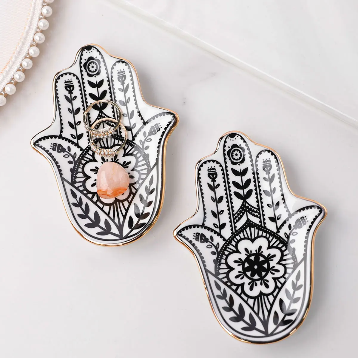 Hamsa Hand Ceramic Trinket Dish - Small Decorative Jewelry Tray