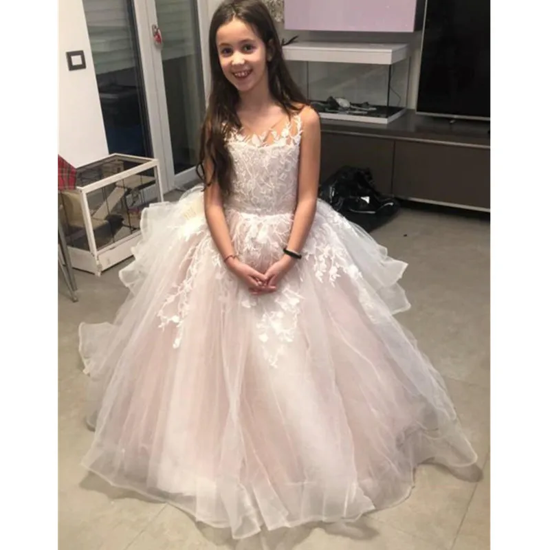 

Flower Girl Dresses For Weddings Sleeveless Tulle Party Dress For Kids Girl Lace Appliques Princess Ball Gown Pageant