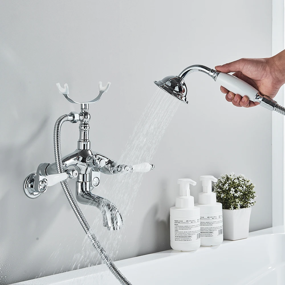 Golden Bathtub Faucets Wall Bathroom Bath Shower Faucet Brass Mixer Tap Swivel Spout Bath Tub Shower Mixers Telephone Style 4