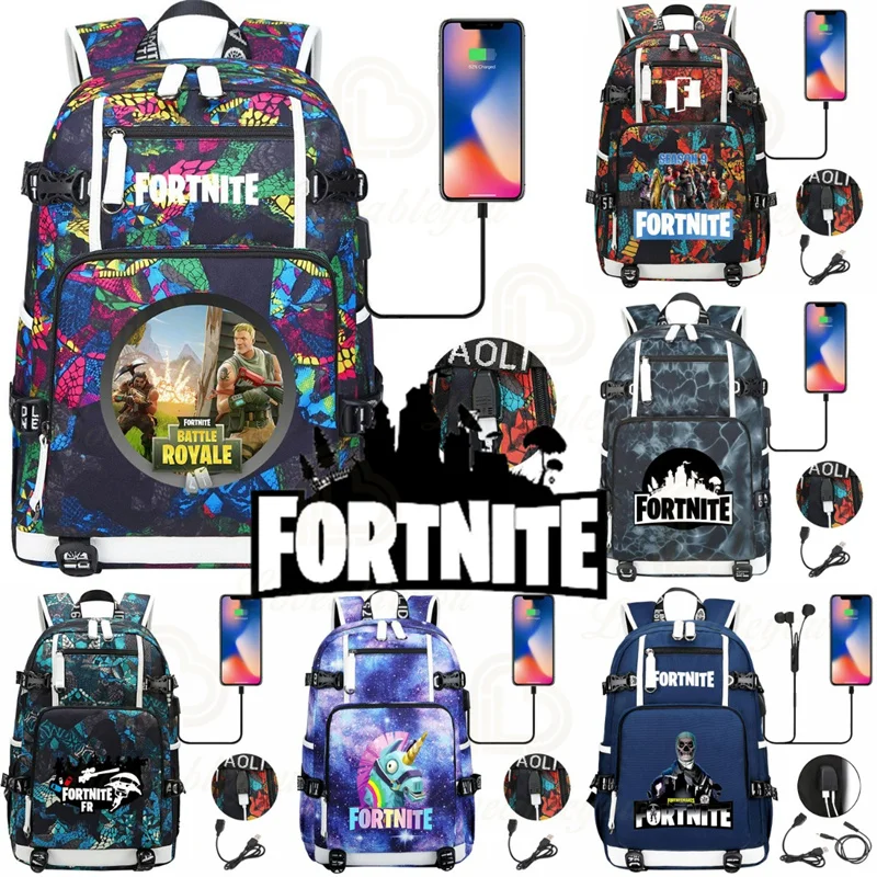Mochila con carga USB para estudiantes compartimento de papeleria de estudio figuras de Anime Ultima Knight Fortnite Battle Royale AliExpress