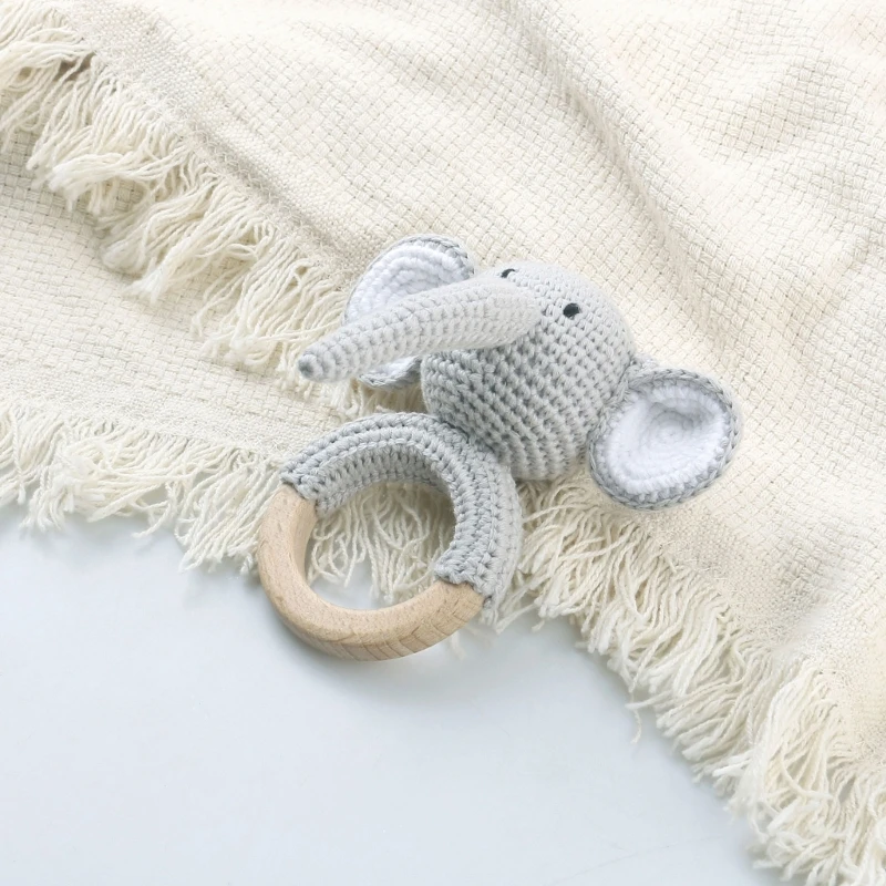 

Natural Crochet Bear Teether Baby Toy Rattle Forest-Friends Amigurumi on Natural Wood Teething Ring- Rattle Photography
