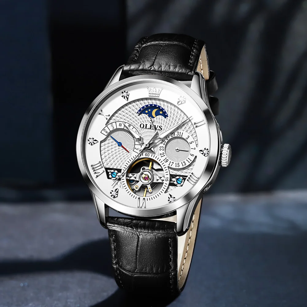OLEVS New Top Brand Men's Automatic Mechanical Watches Waterproof Leather Strap Luxury Men Wristwatch Luminous Watch