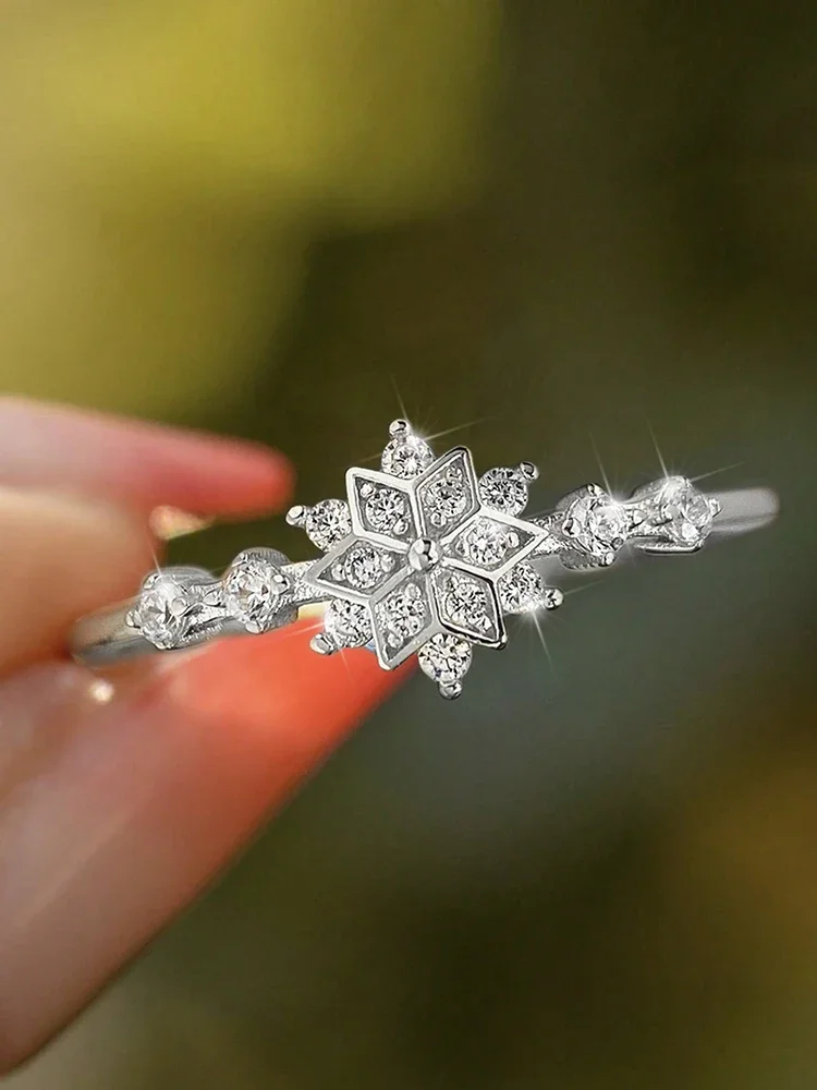 Schlichter Zirkon-Schneeflockenring aus 925er-Sterlingsilber für Damen, Verlobung, Hochzeit, luxuriöser, hochwertiger edler Schmuck – Detail 2
