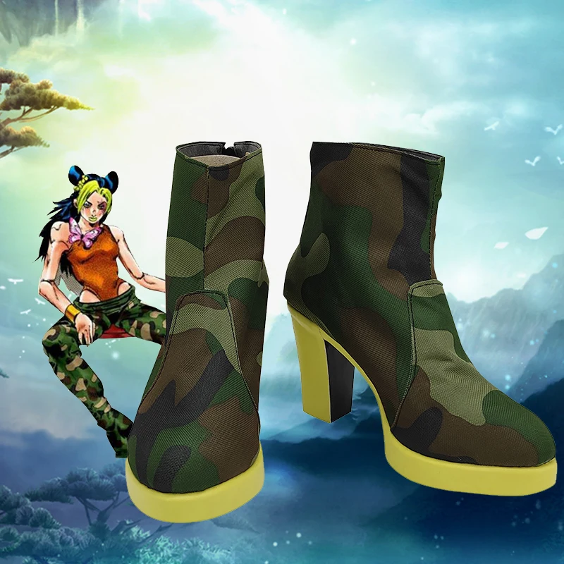 

Anime JoJo‘s Bizarre Adventure Cosplay Jolyne Cujoh Shoes Green Camouflage High Heels Ankle Boots Custom Made Halloween Costumes