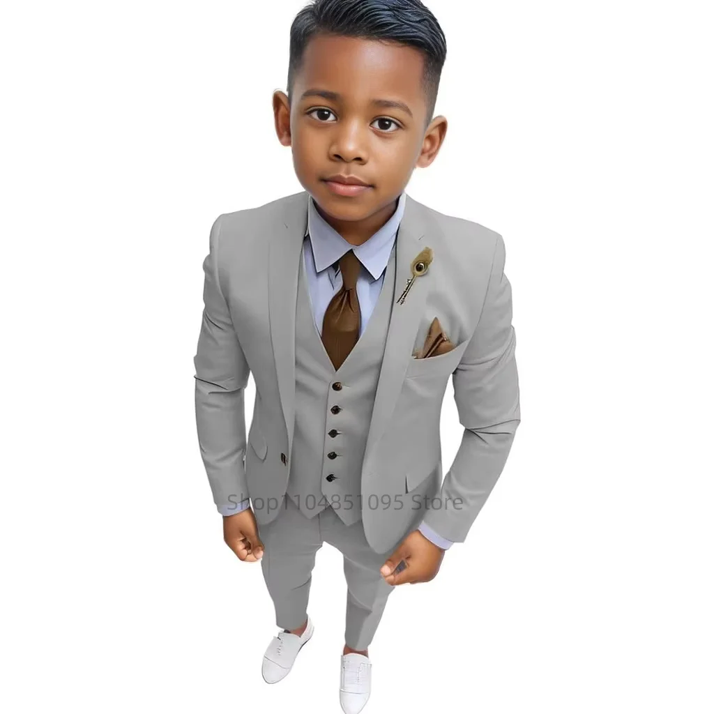 High Quality Solid Boy Suits Slim Fit Single Breasted Notch Lapel Elegant Boy 3 Piece Jacket Pants Vest Kids Sets for Party