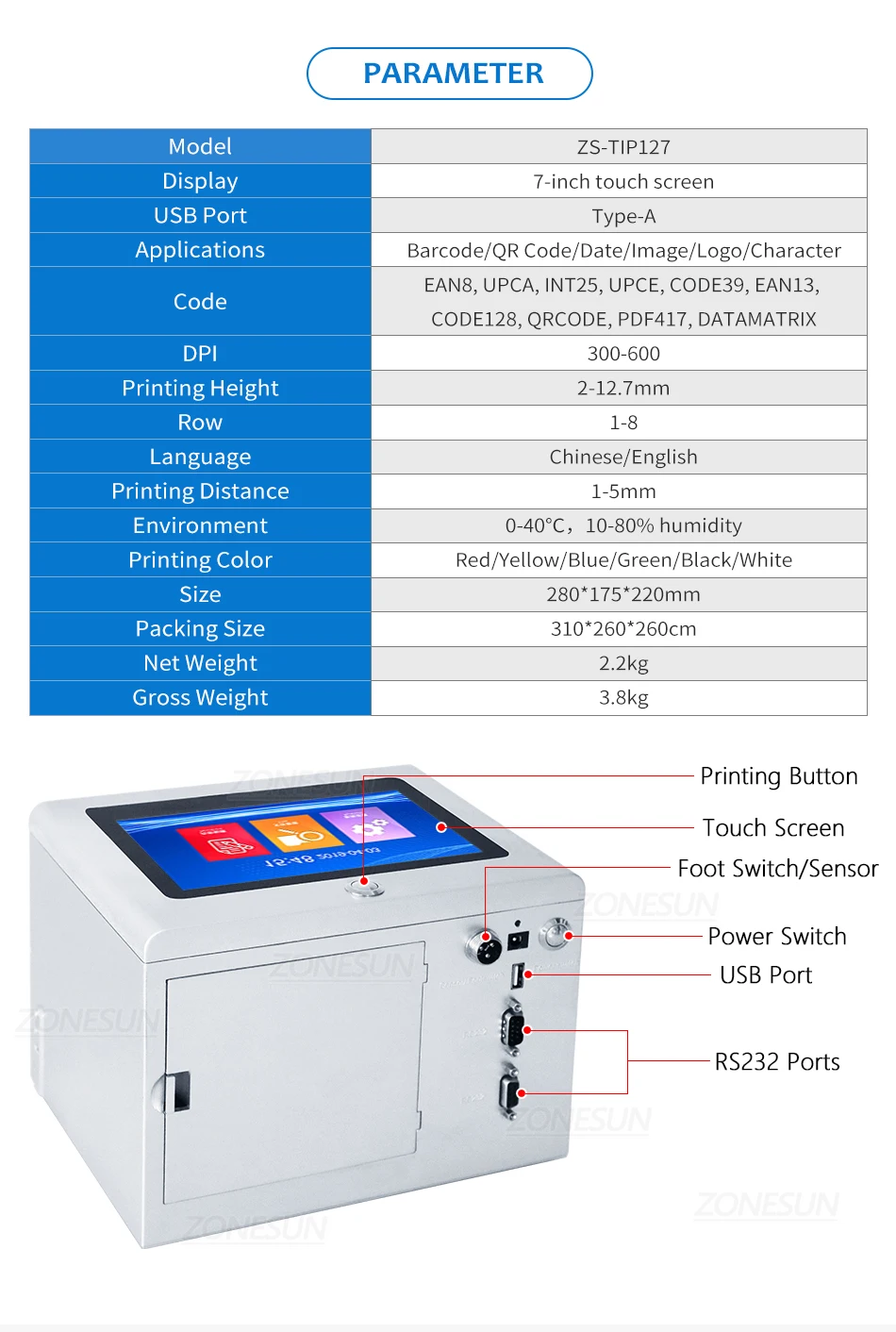 ZONESUN ZS-TIP127 Tabletop Inkjet Date Coding Machine