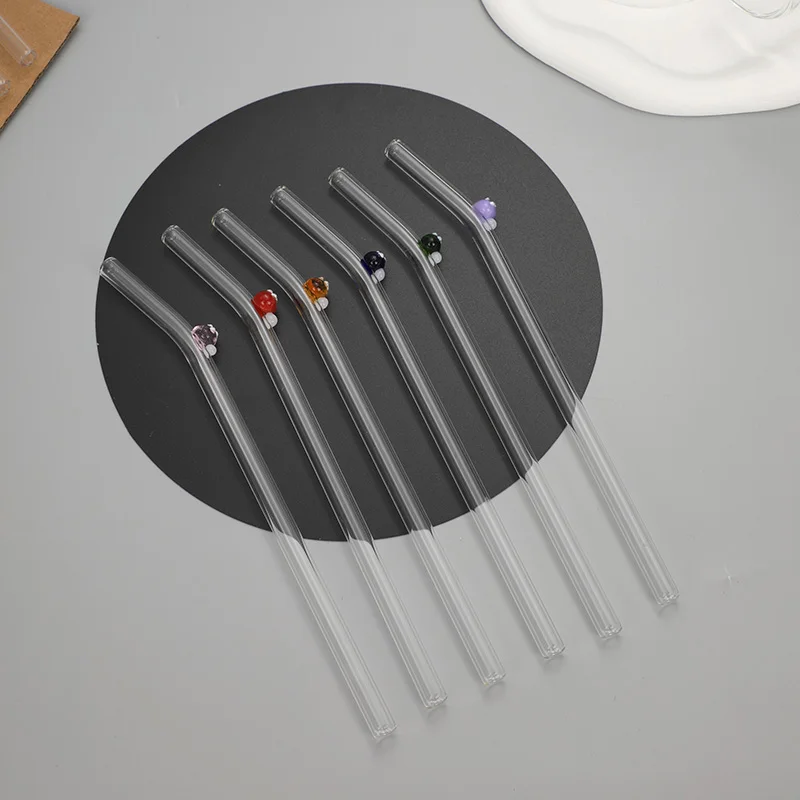 Mushroom Heart Glass Straw Reusable Glass Drinking Straws Tortoise Flower Curved Straw Tea Coffee Transparent 6+2pcs Brush