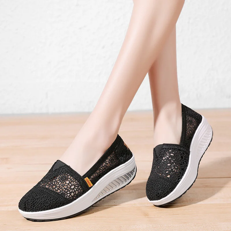 Women Shoes Platform Middle Heels Fashion Sneakers Woman Elegant Sweet Air Mesh Breathable Summer Shoes Casual Light Non-slip