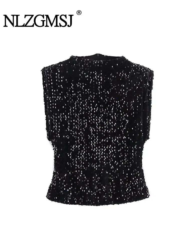 

Nlzgmsj TRAF 2024 Sequin Blouse Woman Shirt Elegant Short Tops For Women Glitter Sleeveless Sexy Party Luxury Evening Blouse Top