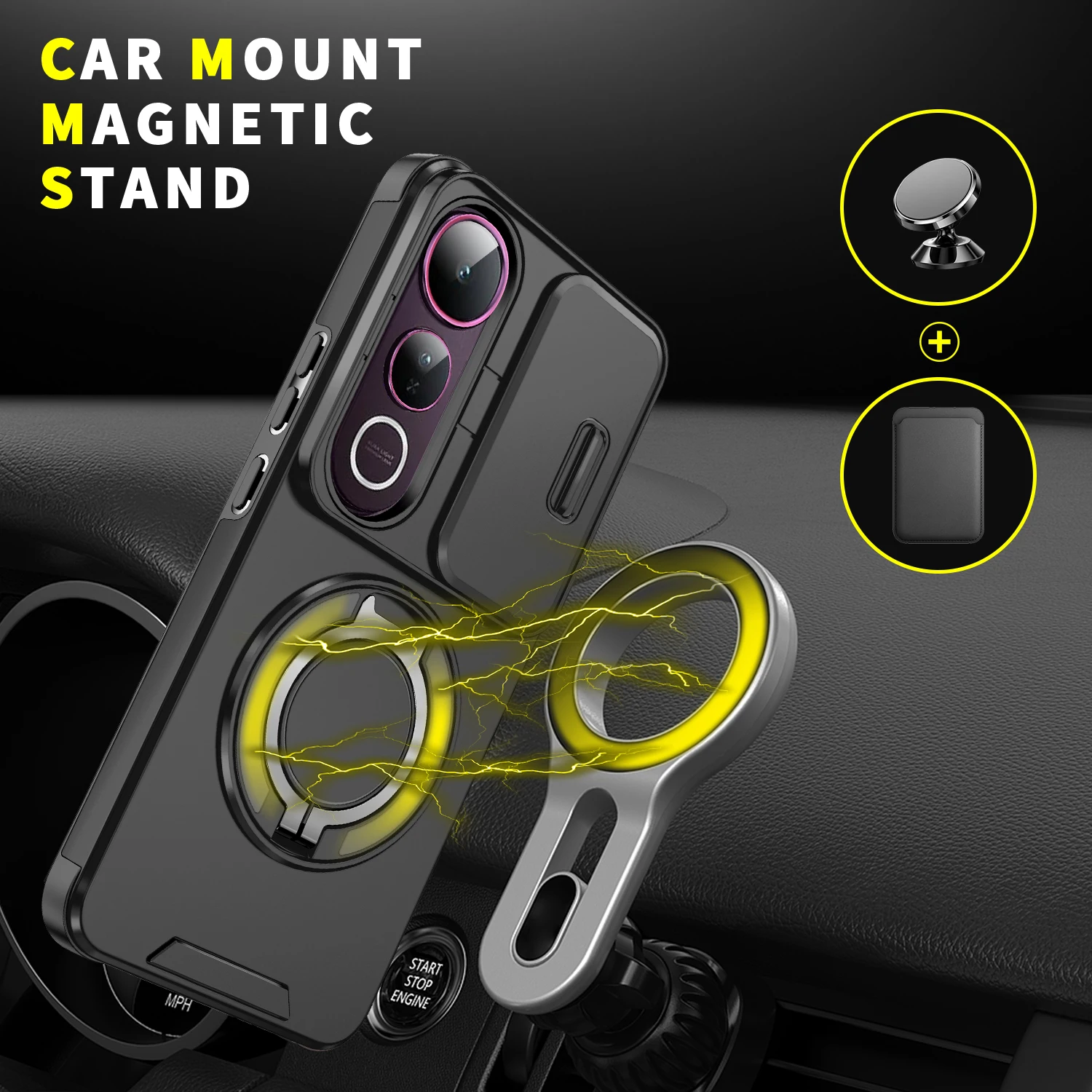 Slide Lens Protect Armor Phone Case with Car Magnetic Ring Holder