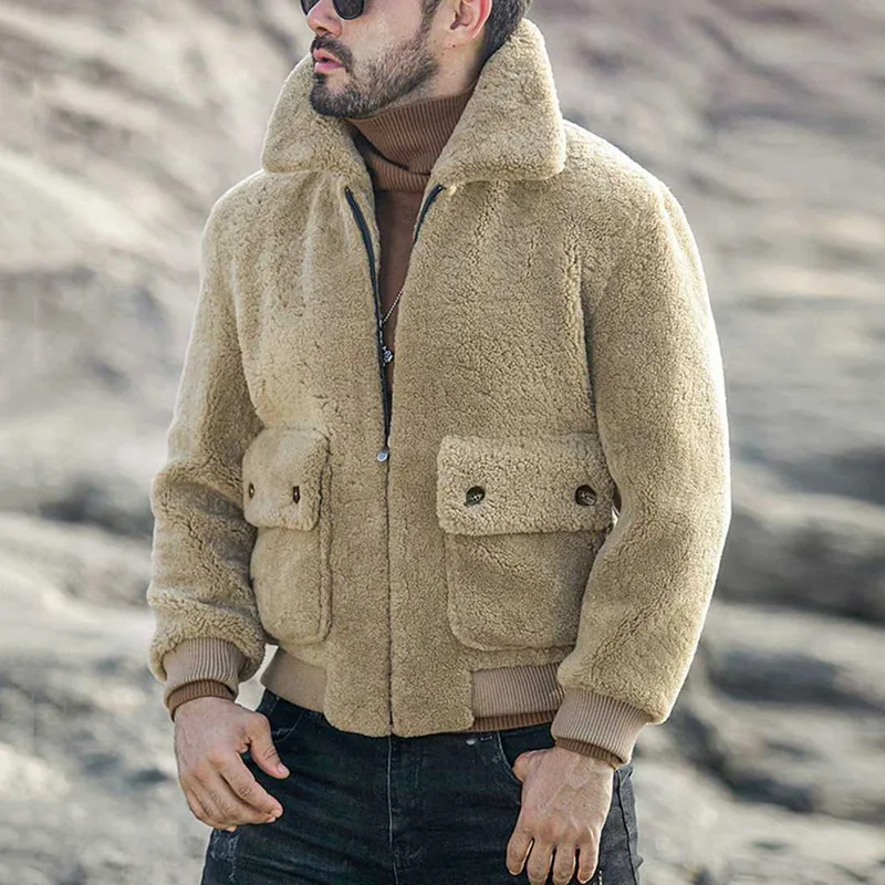 Coat Autumn/Winter Lamb Fleece Jacket with Flip Collar Zipper Thickened Plush Jackets for Men