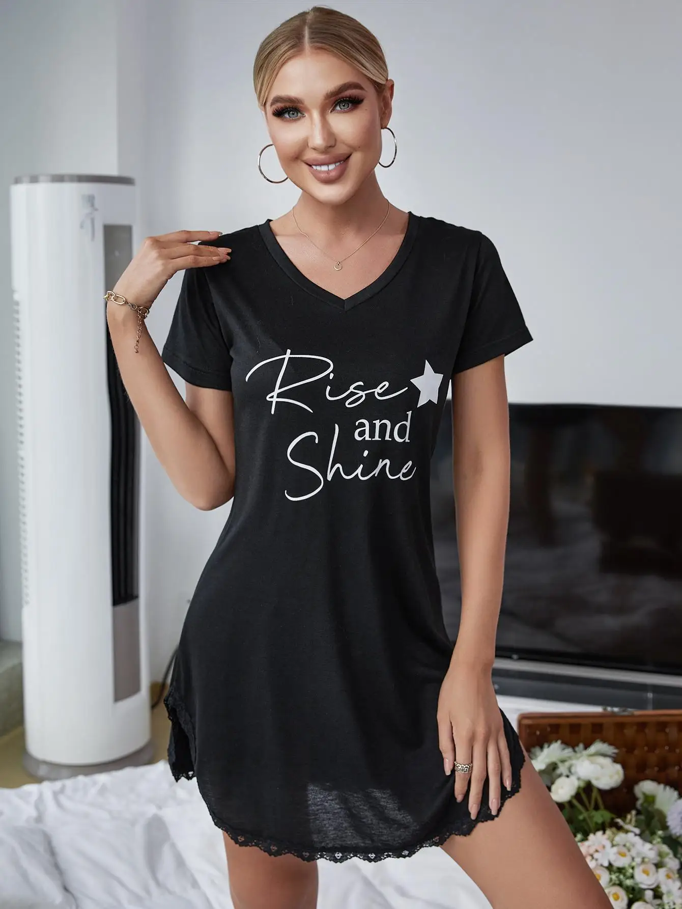 Nightgowns for Women Sexy Sleepshirts V Neck Short Sleeve Sleepwear Lace Trim Night Shirts Nightwear Homewear Nightdress Suit