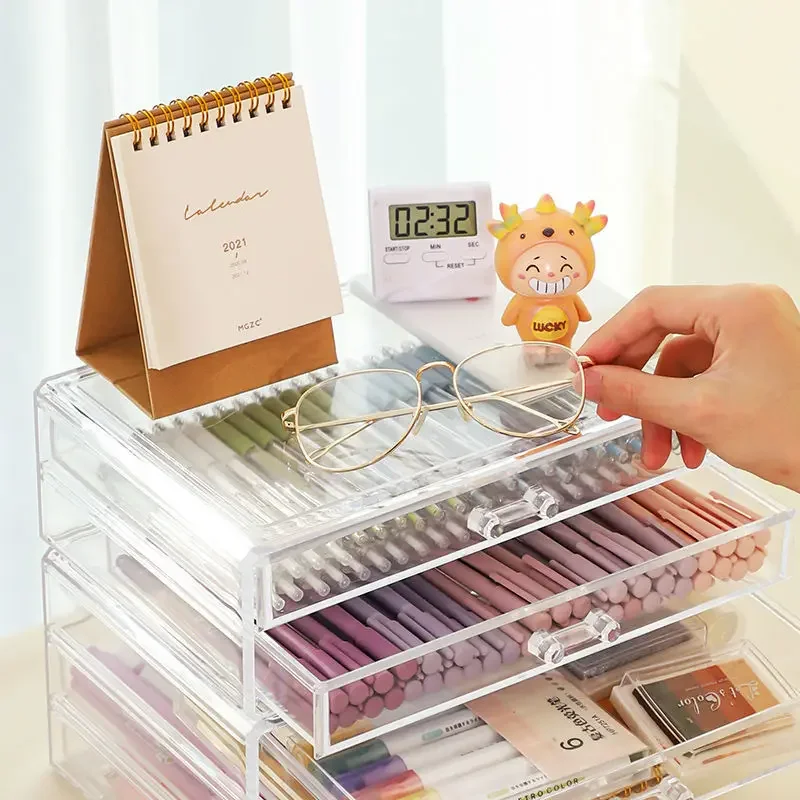 Acrylic transparent drawer Multi functional 3-layer pen holder large desk organizer Tape notebook storage office supplies