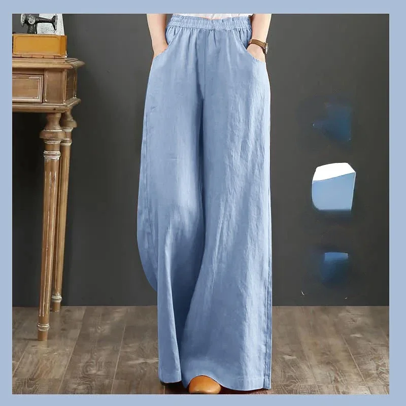Pure Linen Plus Size Women's Long Pants Wide Leg Pants Elastic Waist Cotton and Linen Spring Summer Korean Retro Fashion Leisure