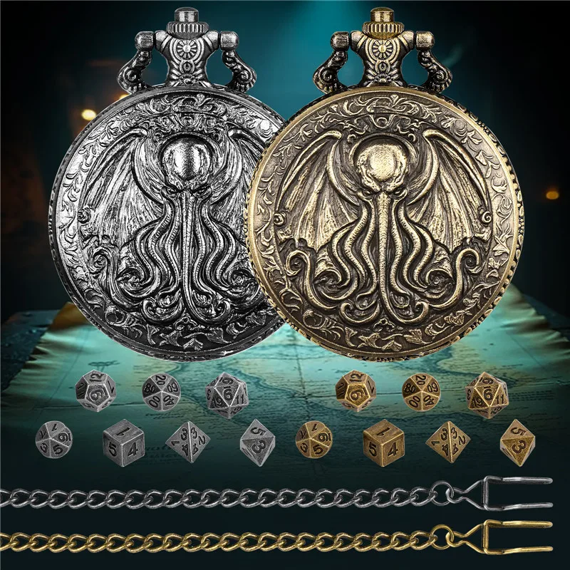 7 Teile/satz Mini Metall Polyedrische Würfel für Tisch Bord Rolle Spielen Spiel mit Retro Octopus Flügel Taschenuhr Fall Anhänger kette – Detail 5