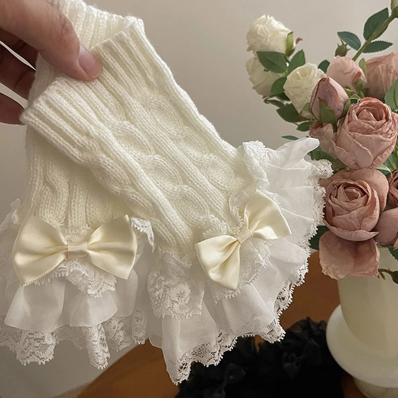 Y2K Bowknot Fake Sleeve Women Lolita Girls Knitted Lace Ruffles Cuffs Fingerless False Mittens Gothic Wrist Warmer Clothing korean fashion white stripes knitting gloves women men arm warm gothic lolita diy arm sleeve stretch half finger mittens