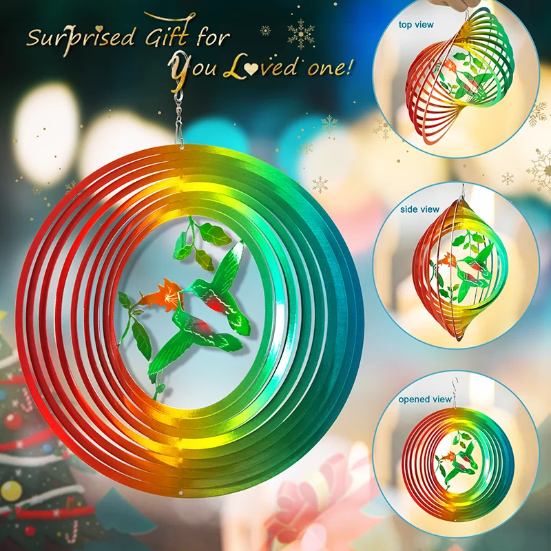 PSATHENATI Wind Spinner Outdoor 3DHanging Garden Decoration for Indoor Outdoor Rainbow Color Hummingbird Metal Wind Spinner 12in